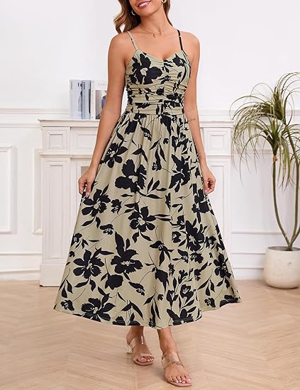 Women 2025 Summer Spring Ruched Maxi Dress Adjustable Spaghetti Strap Floral Beach Long Sundress with Pockets