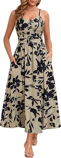 Women 2025 Summer Spring Ruched Maxi Dress Adjustable Spaghetti Strap Floral Beach Long Sundress with Pockets